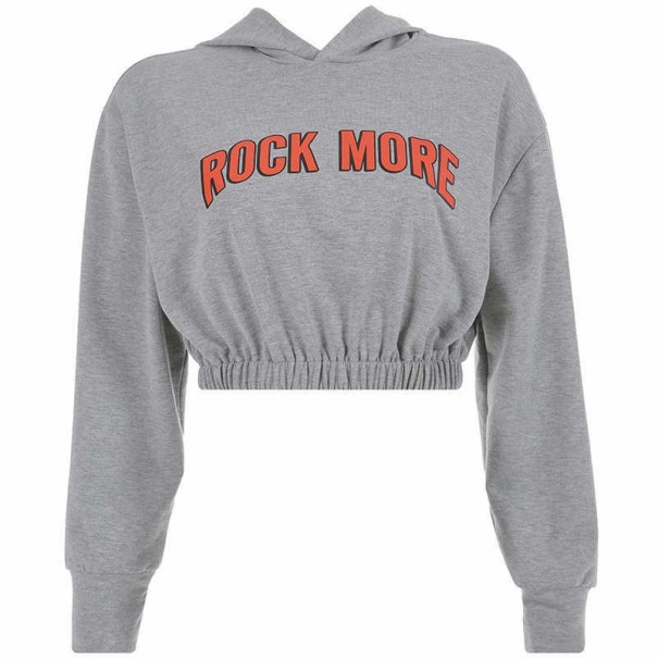 Dame cropped sweatshirt med hætte og teksttryk Grå cropped sweatshirt med lange ærmer Elastisk kant i taljen Bomuld med spandex M