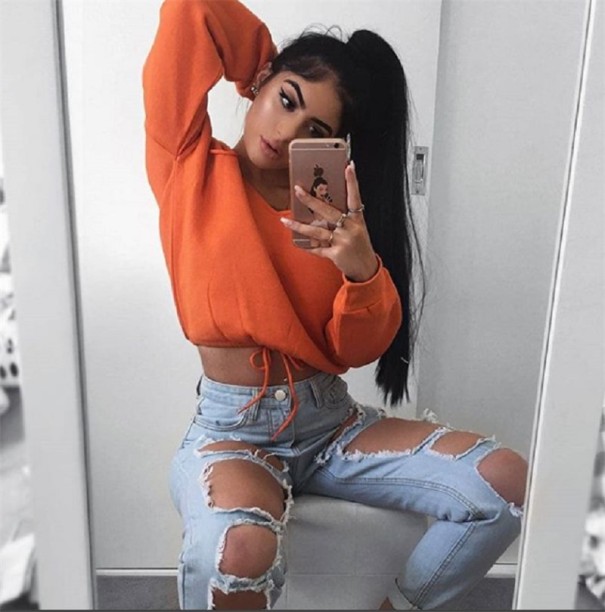 Dame cropped sweatshirt med rund hals orange L