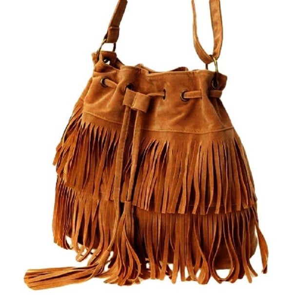 Dame crossbody taske i form af en pose med frynser Snor med metaløjer Sæd og polyester 29 x 14 x 30 cm Til daglig brug brun
