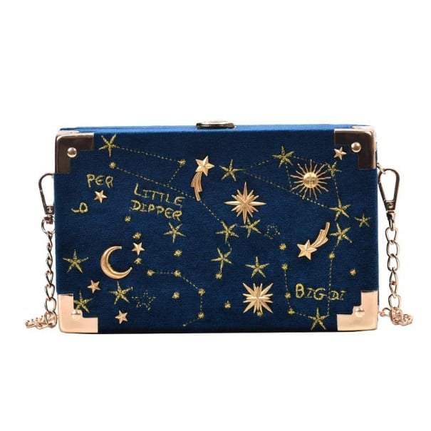Dame crossbody taske i kuffert form Guld broderi af stjerner og stjernebilleder Metal hjørner Kæde rem PU læder og polyester 19 x 12 x 5 cm mørkeblå