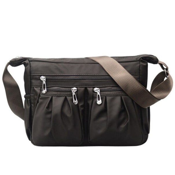 Dame crossbody taske med flere lynlåskanaler Rynkede forkanaler Bred justerbar rem Nylon og polyester 30 x 20 x 10 cm mørkebrun