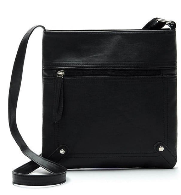Dame crossbody taske med frontlomme på lynlås Flad form og lang rem over skulderen PU læder og polyester 23 x 25 x 5 cm sort