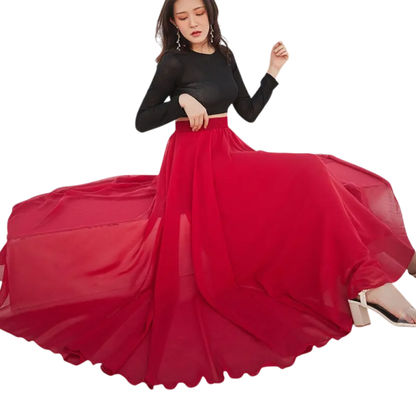 Dame danse nederdel lang cirkel med høj talje, let chiffon, nederdel til flamenco, ballet, folkedanse og sceniske optrædener vinrød M