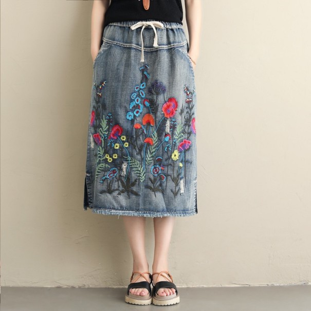 Dame denim midi nederdel med broderi mørkeblå L
