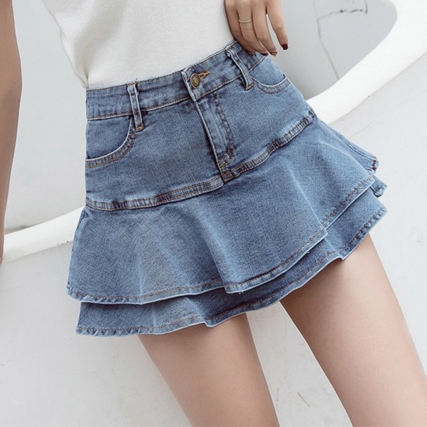 Dame denim mini nederdel med flæser blå M