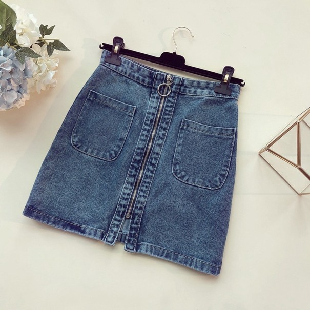 Dame denim mini nederdel med lynlås XS