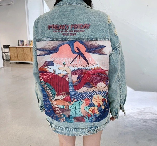 Dame denimjakke med print A1832 L