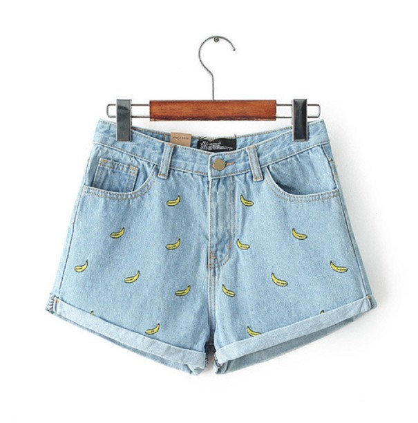 Dame denimshorts med bananer lyseblå XS