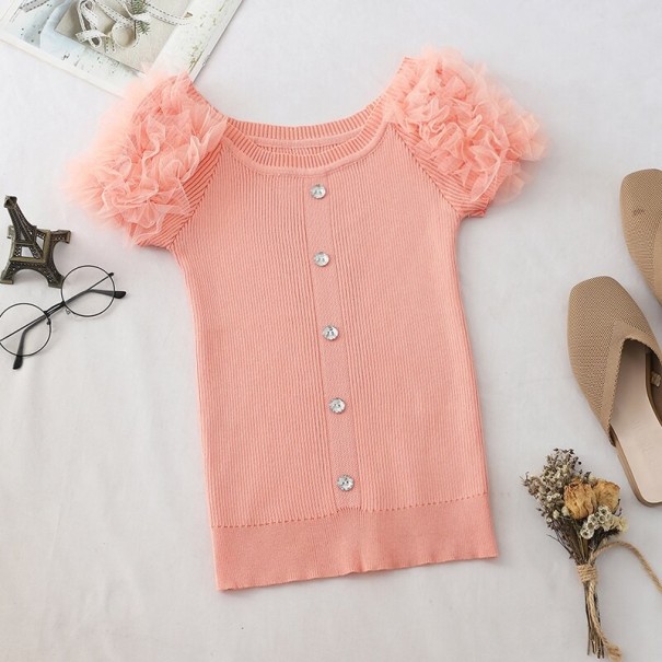 Dame elastisk T-shirt med knapper laks