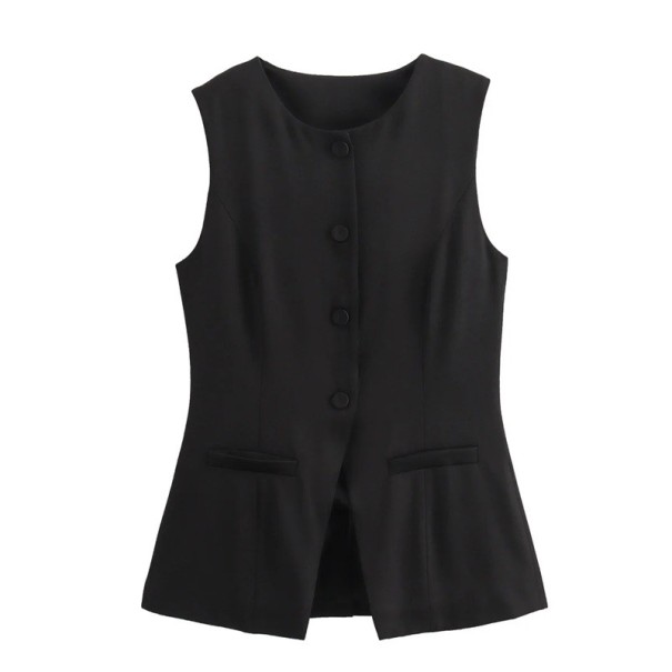 Dame elegant ensfarvet vest med O-hals Knaplukning Stilfuld polyester vest uden ærmer til hverdag og formelle anledninger sort S