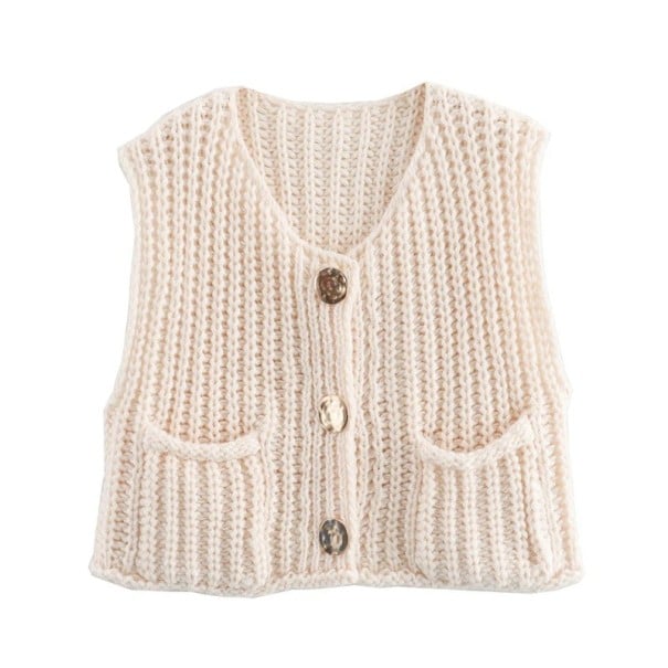Dame elegant strikket vest med V-udskæring og lommer Enfarvet vest med knaplukning Behagelig polyester sweater i forskellige farver hvid M