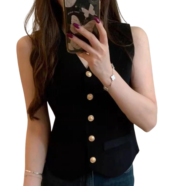 Dame ensfarvet vest med V-udskæring og lommer Elegant vest med knaplukning i polyester i forskellige farver sort