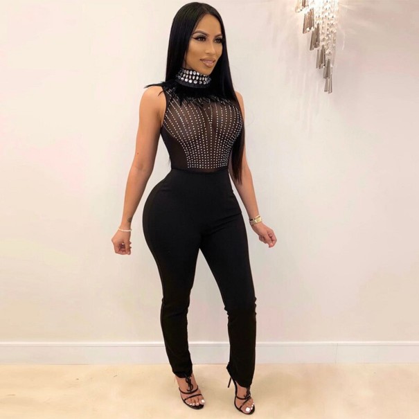 Dame figursyet jumpsuit med rhinsten G191 sort S