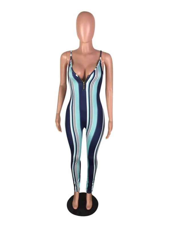 Dame figursyet stribet jumpsuit med lynlås L