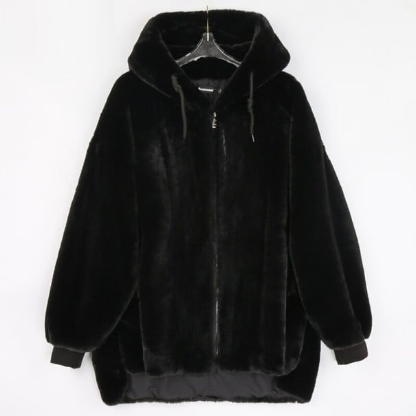 Dame fluffy oversize jakke med hætte og lynlås Varm jakke i kunstpels Strikkede manchetter og sidelommer Til efterår og vinter sort XL