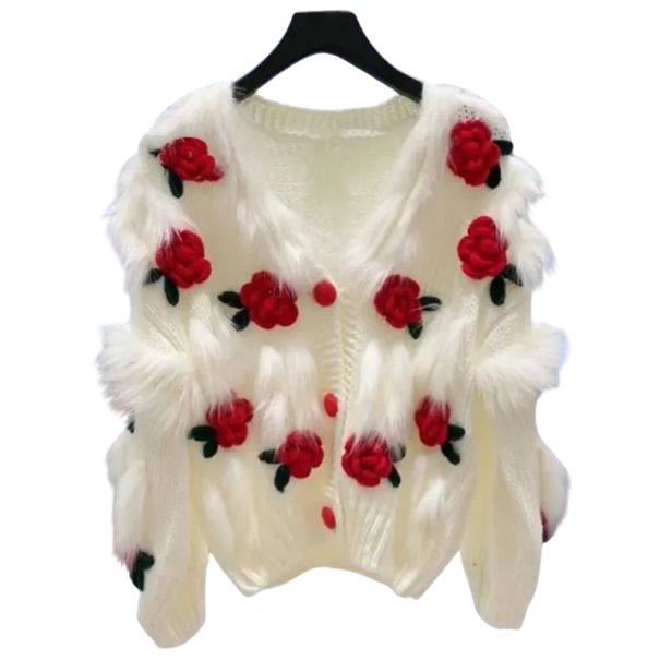 Dame fluffy strikket cardigan med knapper og 3D blomster af polyester og bomuld med V-udskæring til efterår og vinter rød S