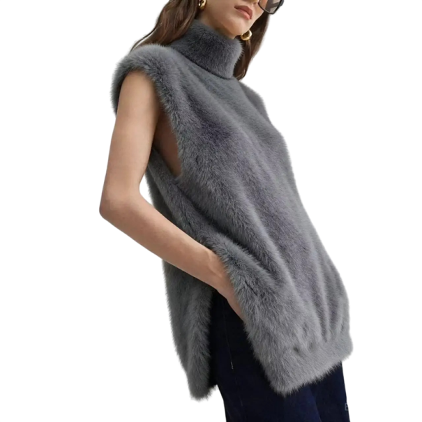 Dame fluffy vest med høj krave uden ærmer polyester blød overflade løs pasform til hverdag og lagdeling grå XL