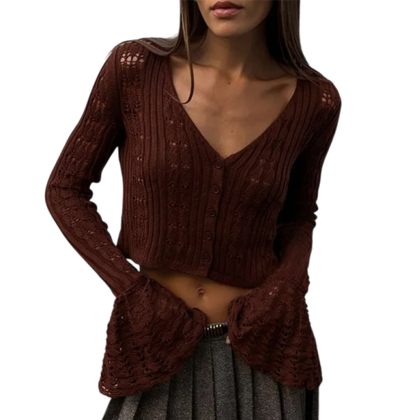Dame hæklet langærmet T-shirt elegant åndbar sweater med knaplukning let sommertop vintage romantisk stil brun M