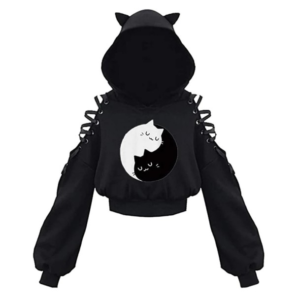 Dame hoodie med katteører Sort hoodie med katteprint og snøring på skuldrene Bomulds-polyester fritidsoverdel S