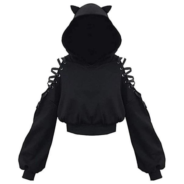 Dame hoodie med katteører Sort hoodie med snøring på skuldrene Bomulds-polyester komfortabel fritidsbeklædning M