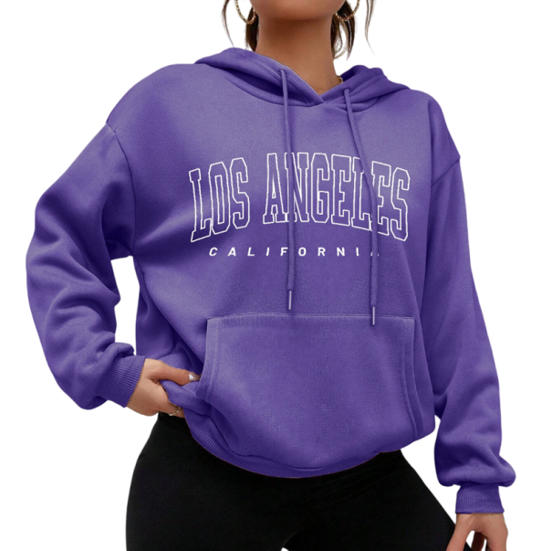 Dame hoodie med lommer Enfarvet hoodie med teksten Los Angeles Komfortabel fritidsoverdel i blødt polyester i forskellige farver lilla XL