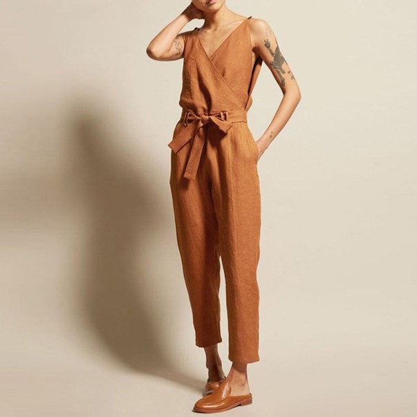 Dame hørjumpsuit lysebrun L