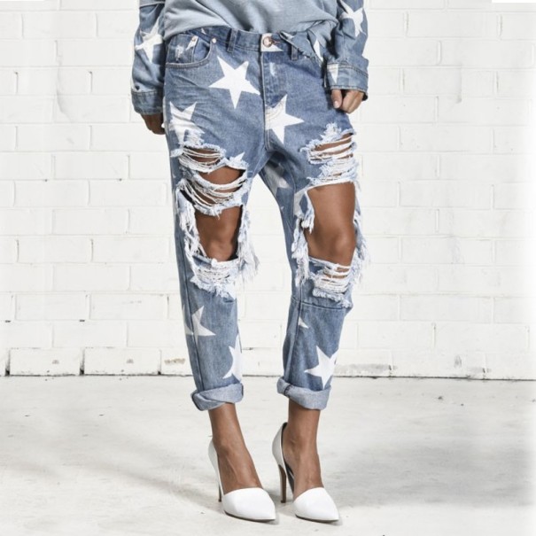 Dame jeans med revnede ben og stjerner lyseblå XS