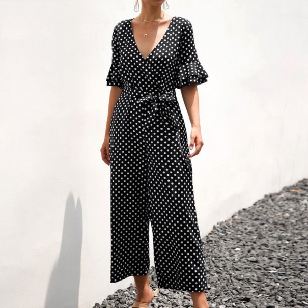 Dame jumpsuit med polkaprikker og flæser sort XL