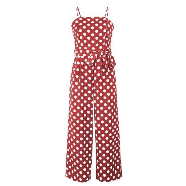Dame jumpsuit med polkaprikker og stropper A2089 rød XXL