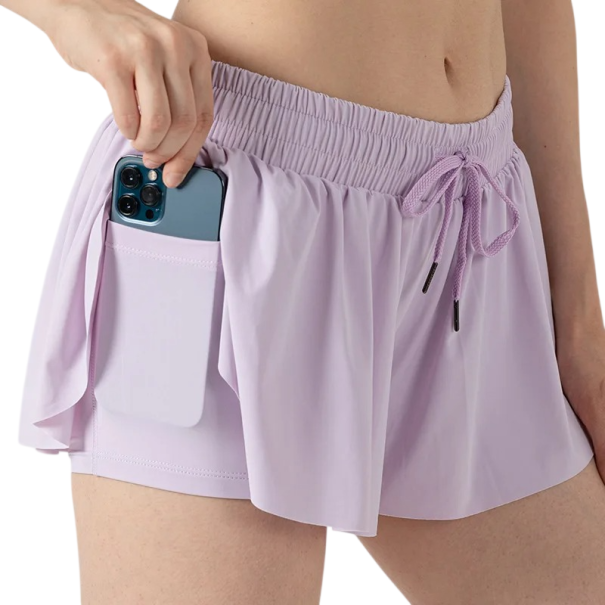 Dame kort nederdel med snøre og lommer Enkeltfarvet Polyester Spandex Elastisk sommernederdel med indvendige shorts lyslilla XS