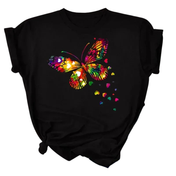 Dame kortærmet T-shirt med farverige sommerfuglehjerter og print, afslappet, behagelig pasform, fritids-T-shirt med motiv sort L
