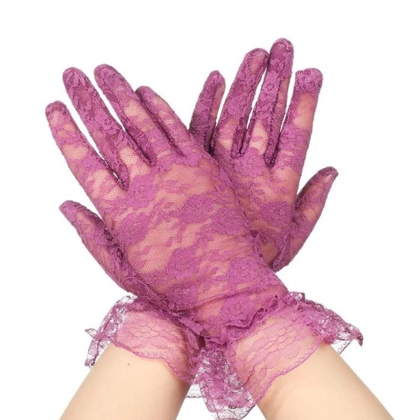 Dame Korte Krajkede Handsker med Rynkning i Helhåndsdesign, Åndbart Polyester, Festhandsker til Festlige og Formelle Anledninger lilla