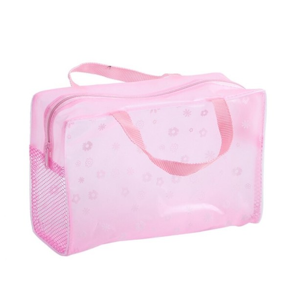 Dame kosmetik taske i gennemsigtigt PVC med blomsterdesign Taske med lynlås og to håndtag samt netlommer 23 x 15,5 x 8 cm rosa