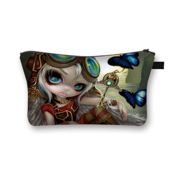 Dame kosmetisk taske med illustration af en eventyrlig pige med store øjne Lynlås med løkke Polyester 13 x 21,5 cm Til makeup pensler og småting 6