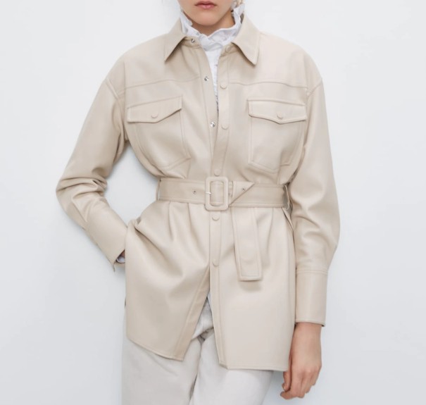 Dame læderjakke med bælte beige XS