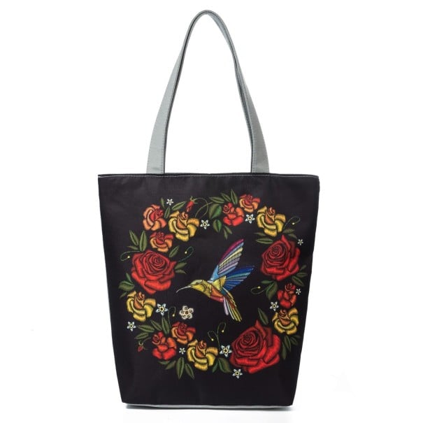 Dame lærredstaske med blomstertryk Rummelig shopper med to grå håndtag og flad bund 27 x 38 x 11 cm Lærred og polyester 7