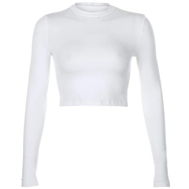 Dame langærmet crop T-shirt Elastisk figursyet T-shirt Rund halsudskæring Elegant T-shirt til hverdag og aftenbrug hvid L