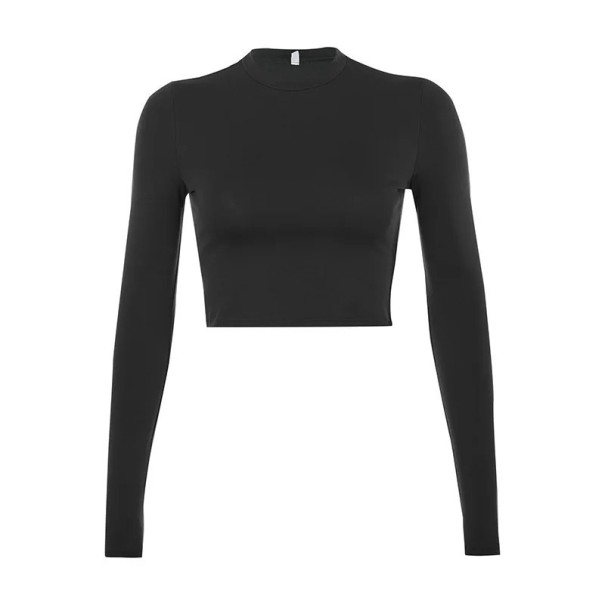 Dame langærmet crop T-shirt Elastisk figursyet T-shirt Rund halsudskæring Elegant T-shirt til hverdag og aftenbrug sort L
