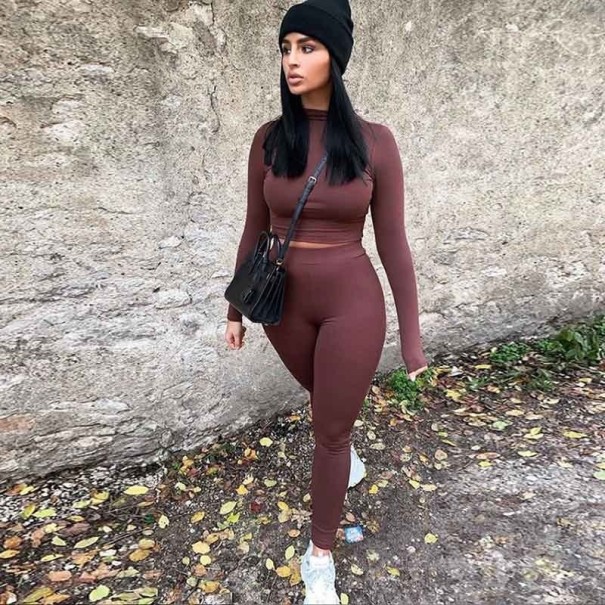 Dame langærmet crop top og leggings B872 vinrød S