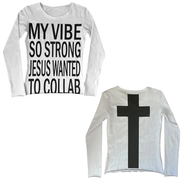 Dame langærmet T-shirt Rund hals Streetwear med kristent motiv, kors på ryggen og print på forsiden Original stil hvid XL