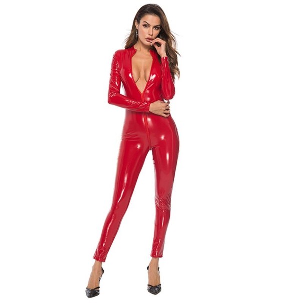 Dame latex jumpsuit med lynlås rød XS