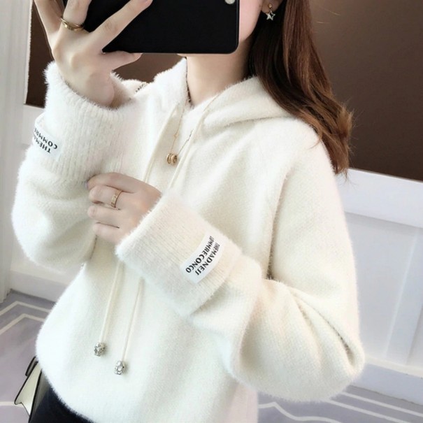 Dame lodden sweater med hætte hvid