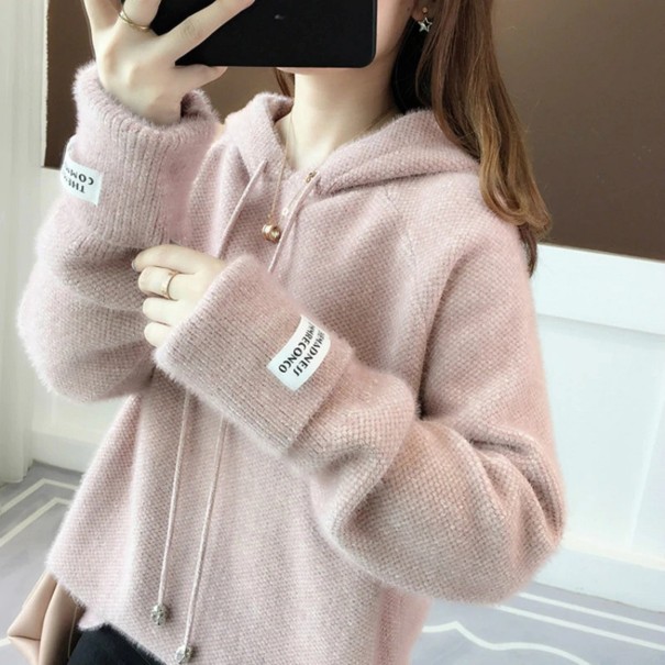 Dame lodden sweater med hætte rosa