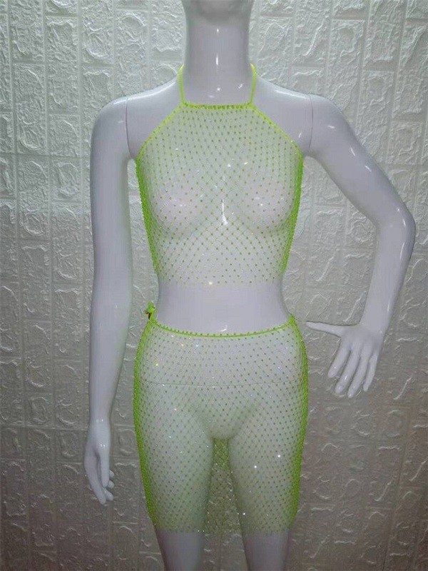 Dame mesh crop top og nederdel neongrøn