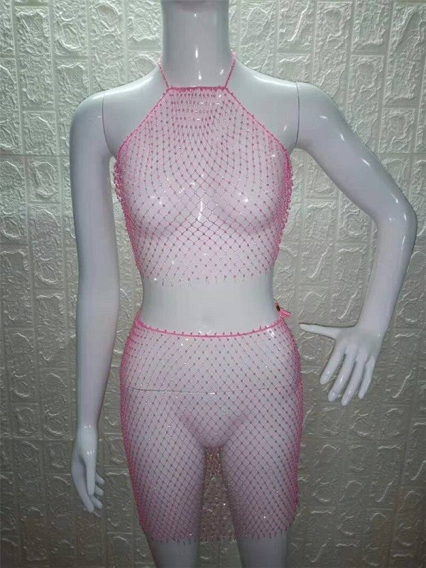 Dame mesh crop top og nederdel rosa