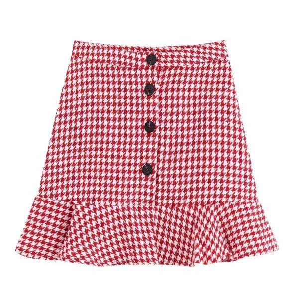 Dame mini nederdel med flæser og sorte knapper Rød-hvidt hane fod mønster Lige tætsiddende overdel Polyester med bomuld S