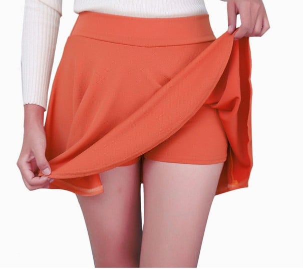 Dame mini nederdel med shorts Udvidet A-formet snit Bred glat talje Elastisk og behageligt stof af polyester med spandex orange 4XL