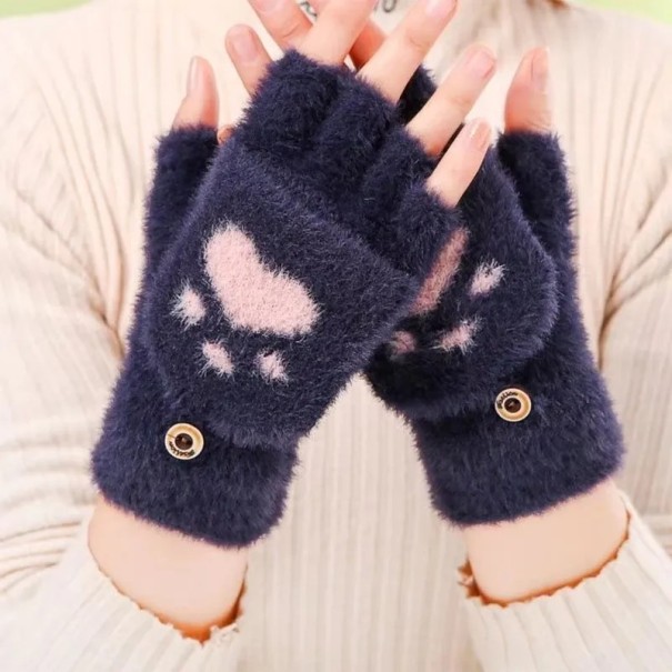 Dame plyshhandsker universel størrelse Varme vinterhandsker med kattepote motiv i polyester marineblå
