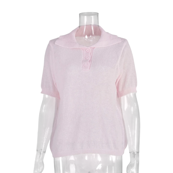 Dame polo t-shirt med korte ærmer Enkeltfarvet design V-hals med krave og knapper Bomuld med polyester rosa L