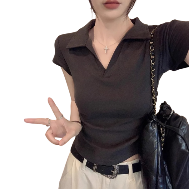 Dame poloshirt crop top V-hals med krave Enkeltfarvet bomulds T-shirt Kort moderne snit til kvinder mørkegrå XS